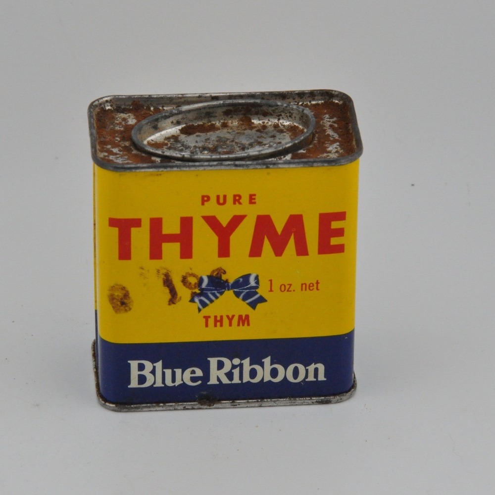 Blue Ribbon Pure Thyme Tin 1oz Yellow Blue Fair Vintage Spice Advertising Canada